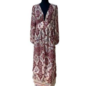 Sheer Pink Floral Print Duster Womens Boho Front Button Puff Sleeves Size M